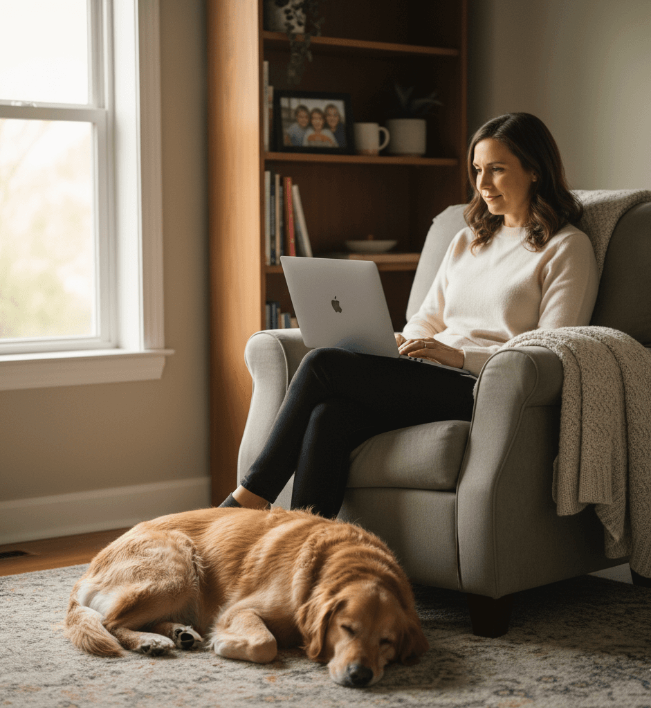 A veterinary specialist enjoying a flexible work-life balance, working comfortably from her quiet home office with her pet nearby.