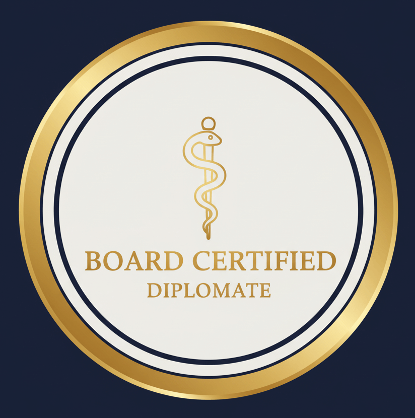 A professional seal verifying that DVM League specialists are board-certified diplomates.
