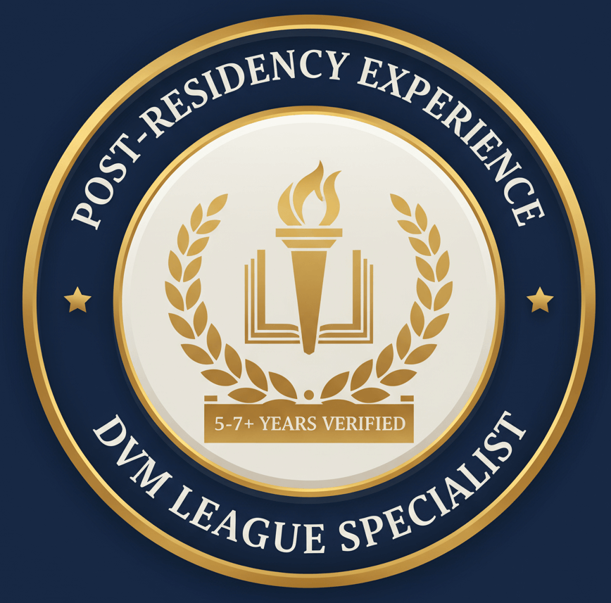 A professional seal verifying 5-7+ Years Post-Residency Experience' for DVM League specialists.